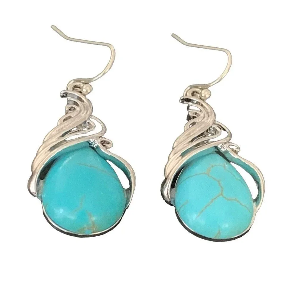 Western Southwestern Silver & Faux Turquoise Color Drop Earrings
